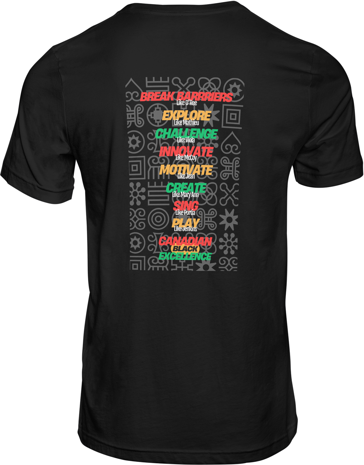 Canadian Black Excellence T-Shirt, Canadian Black Excellence educational t-shirt designed in Whitney Pier, Black History Month Canada t-shirt featuring Canadian Black leaders