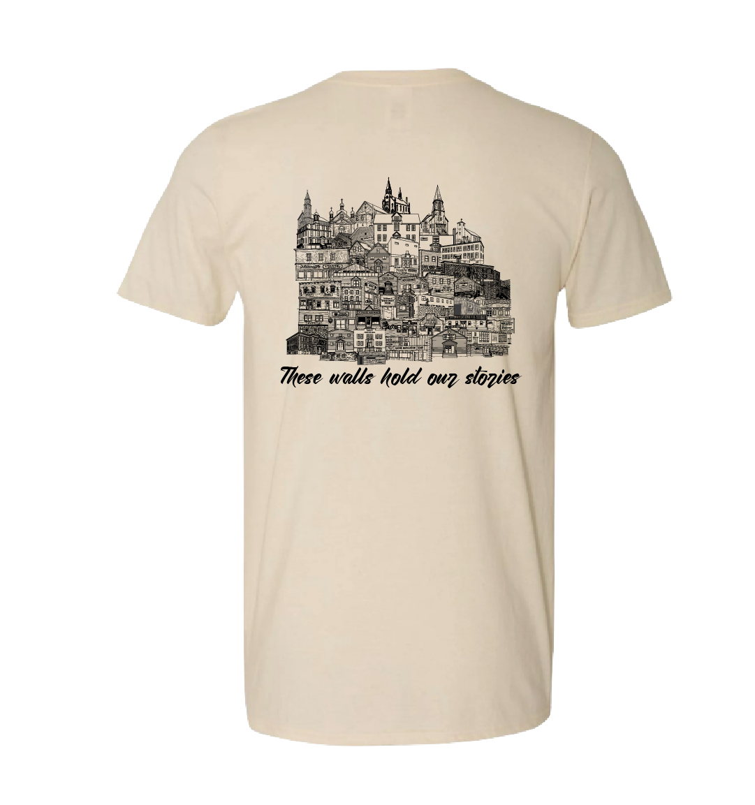 These Walls Hold Our Stories – Back Design T-Shirt (Whitney Pier with Front Chest Print)