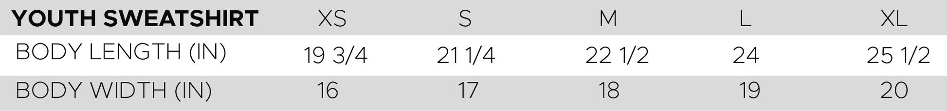 YOUTH SWEATSHIRT Size Chart