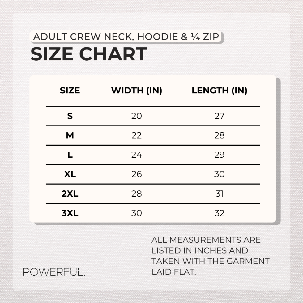 Size chart for adult crew neck, hoodie, and 3/4 zip clothing on a light gray background.