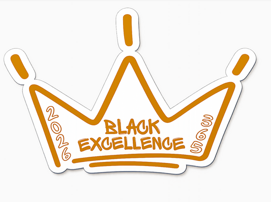 Black Excellence 2026 crown sticker, laminated die-cut, 2.5 x 1.8 inches, packaged on backing card
