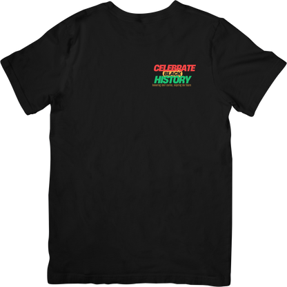 Pocket print Black History Month t-shirt front detail, Black History Month Canada t-shirt featuring Canadian Black leaders