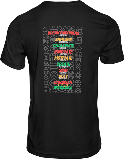 Canadian Black Excellence T-Shirt, Canadian Black Excellence educational t-shirt designed in Whitney Pier, Black History Month Canada t-shirt featuring Canadian Black leaders