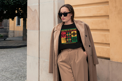 Model wearing a black “Rooted in History” t-shirt with colourful African-inspired symbols, styled with a neutral coat and trousers.