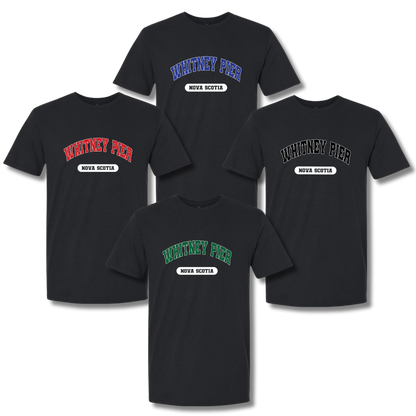 Four black short-sleeve t-shirts arranged on a white background, each showing a different colour variation of the 'Whitney Pier' graphic on the chest and back. The graphic features 'WHITNEY PIER' in arched text in red, blue, white, green, and grey, with 'NOVA SCOTIA' printed below in a white label shape.