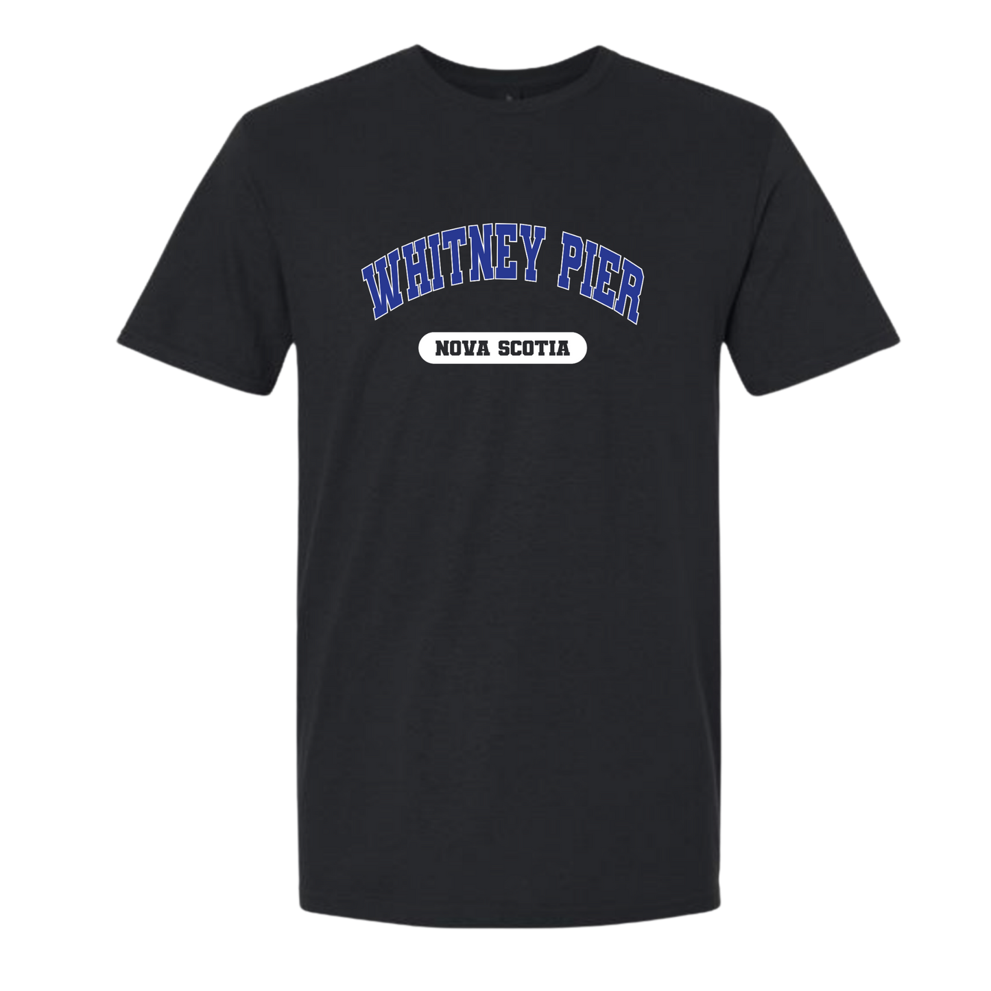 A black short-sleeve crewneck t-shirt featuring 'WHITNEY PIER' in blue varsity-style lettering with a white outline, and a white oval badge below reading 'NOVA SCOTIA'.
