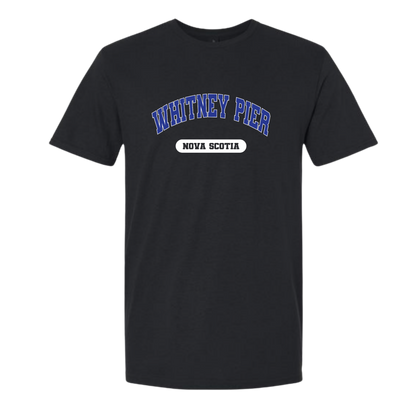 A black short-sleeve crewneck t-shirt featuring 'WHITNEY PIER' in blue varsity-style lettering with a white outline, and a white oval badge below reading 'NOVA SCOTIA'.