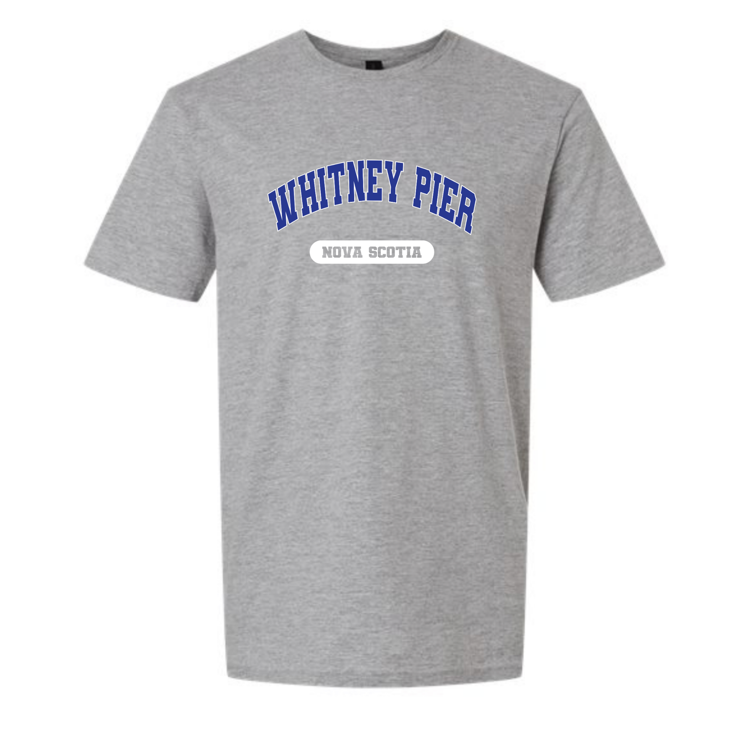 A heather gray short-sleeve t-shirt with 'WHITNEY PIER' printed in blue varsity-style arched letters and 'NOVA SCOTIA' in a white oval below, shown on a plain white background.