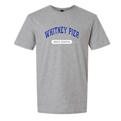 A heather gray short-sleeve t-shirt with 'WHITNEY PIER' printed in blue varsity-style arched letters and 'NOVA SCOTIA' in a white oval below, shown on a plain white background.