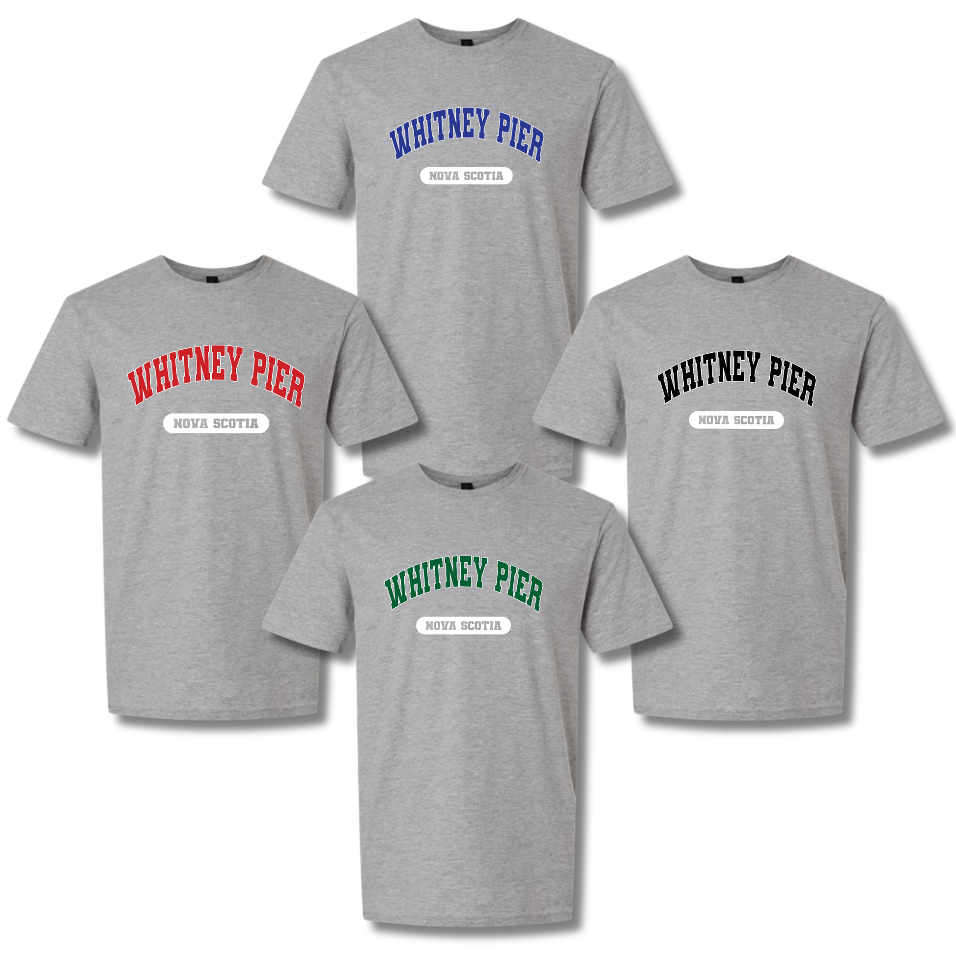 Four heather gray short-sleeve t-shirts arranged on a white background, each with a different colored 'WHITNEY PIER' graphic and 'NEVER SCOITA' text below.