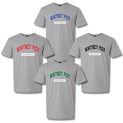 Four heather gray short-sleeve t-shirts arranged on a white background, each with a different colored 'WHITNEY PIER' graphic and 'NEVER SCOITA' text below.